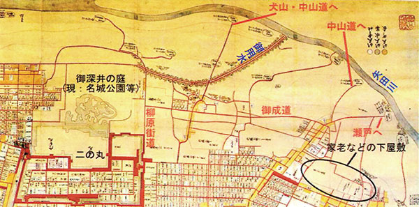 名古屋城と御土居下同心屋敷と街道の位置関係